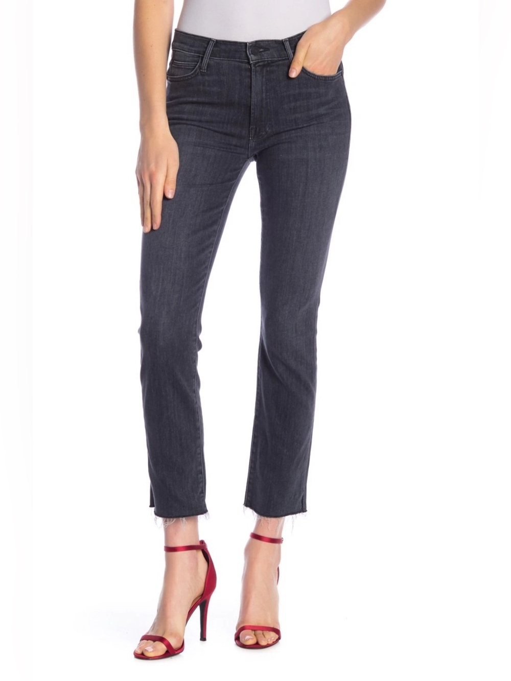 Mother Jeans 30 Rascal Ankle Snippet Slim Straight Mid Rise Frayed Hem Black